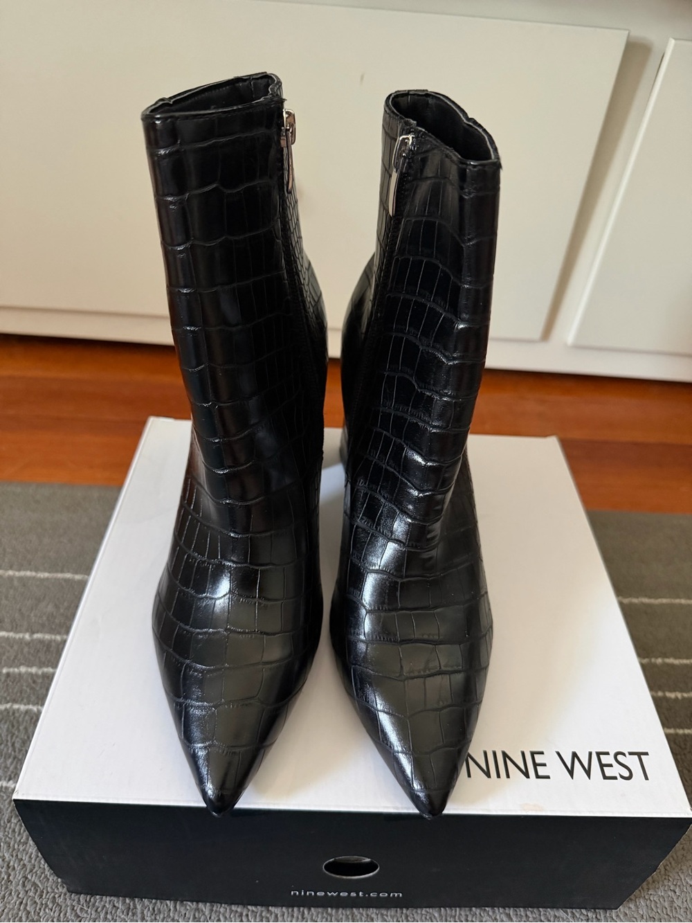Nine West Black Cacey Croc-Embossed Pointed Toe Booties